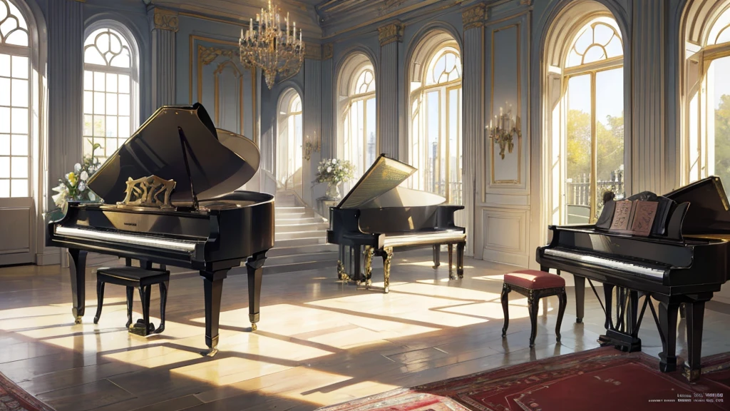 "An illustration that matches the elegance of classical music. A grand room with a large window, European-style, where a quiet piano plays. Outside, a garden in full bloom, with soft afternoon sunlight streaming in. The room is furnished with antique furniture, and an elegant vase sits atop the piano. The illustration should evoke a sense of grace and tranquility."