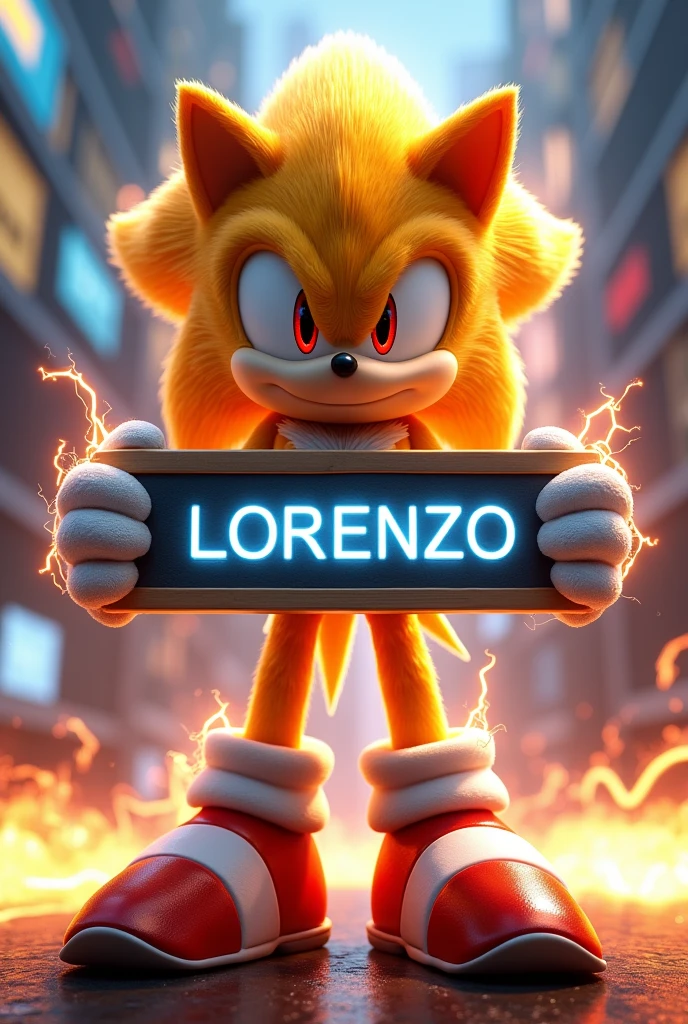 Super Sonic holding a sign with Lorenzo's name on it
