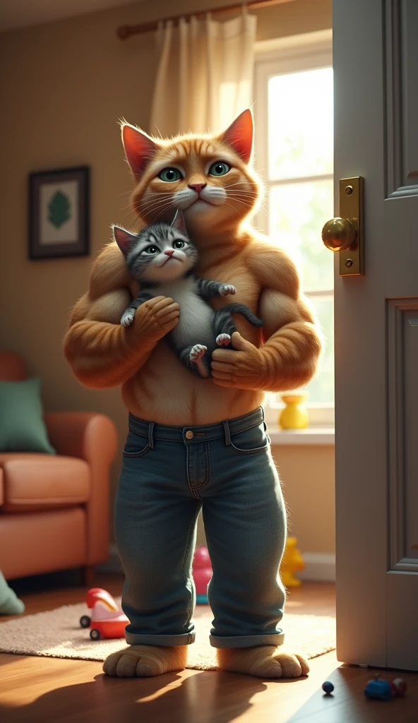 Create a photorealistic image of a six pack father cat wearing jeans outfit, a tall with wide, worried eyes, holds his sick crying kitten wearing yellow jeans outfit in his arms. He's standing by the door, ready to rush out, while the background shows a homely living room with furniture and scattered toys.