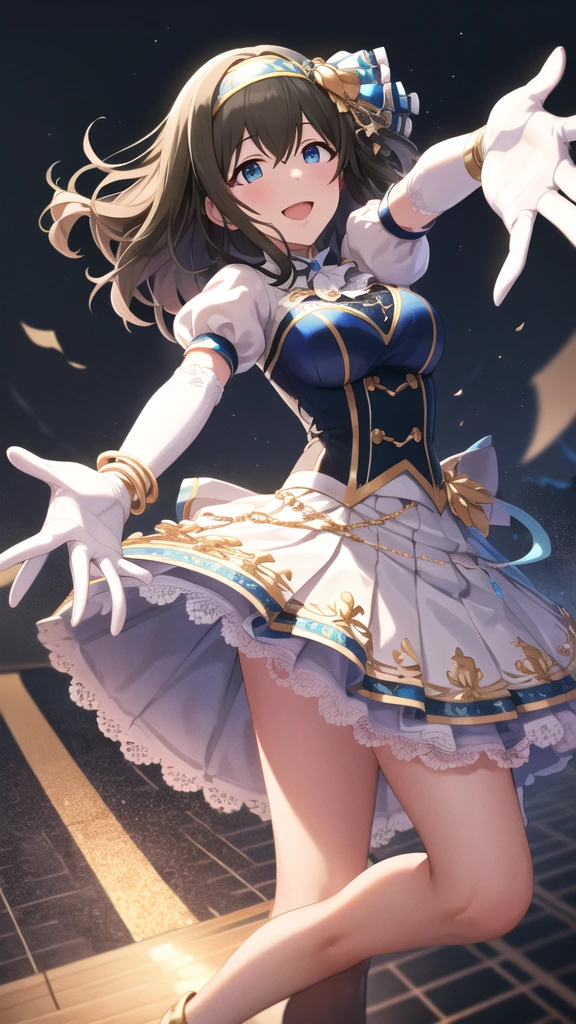 masterpiece, best quality, highres, fffumika, idolmaster, long hair, hairband, blue dress, puffy short sleeves, bracelet, elbow gloves, white gloves, outstretched arms, smile, open mouth,