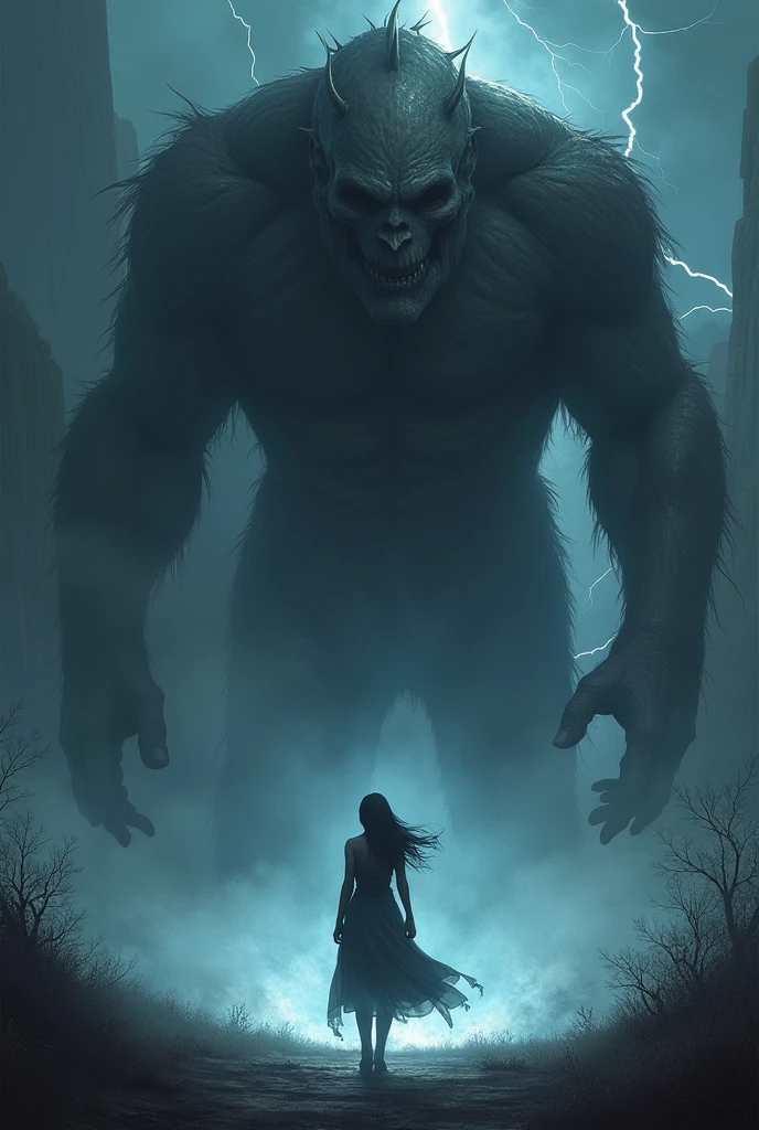Eléonore face à une créature gigantesque, avec des éclairs de lumière révélant des détails horrifiants, mais elle reste immobile et résolue.
