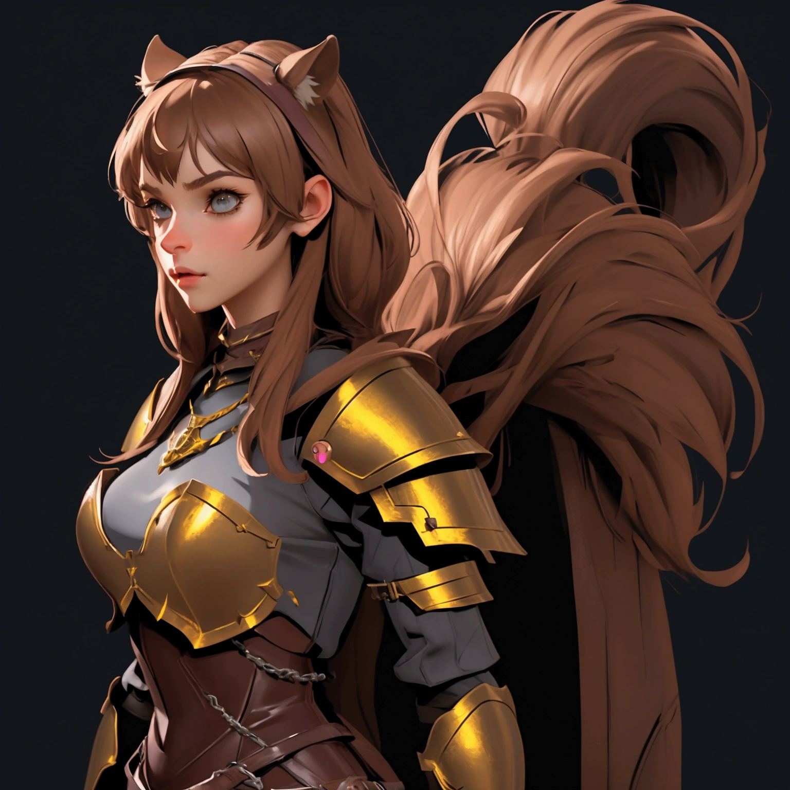 envision a 8k, highres, cinematic, beautiful full body concept art character design sheet of a girl with pretty mature features with brown hair, animal ears, leather armor, fantasy armor, jrpg inspired armor, tail, in dark lighting, against a dark gray background