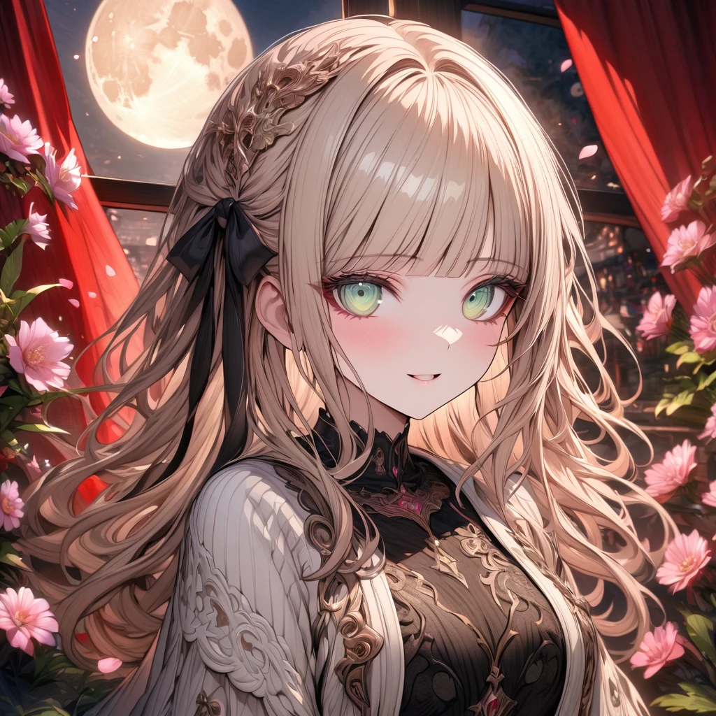 Ultra detailed, highres, absurdres, HDR, master piece, Aida, ash blonde hair with bangs, medium length hair, expressive light green eyes, Danganronpa, black ribbon at the side of her hair, white cardigan with black patterns, pink flowers, petals, moon, window, red curtains, woman, solo, extremely beautiful, very detailed face and eyes, best quality, fantasy, magical, black gloves, smiling