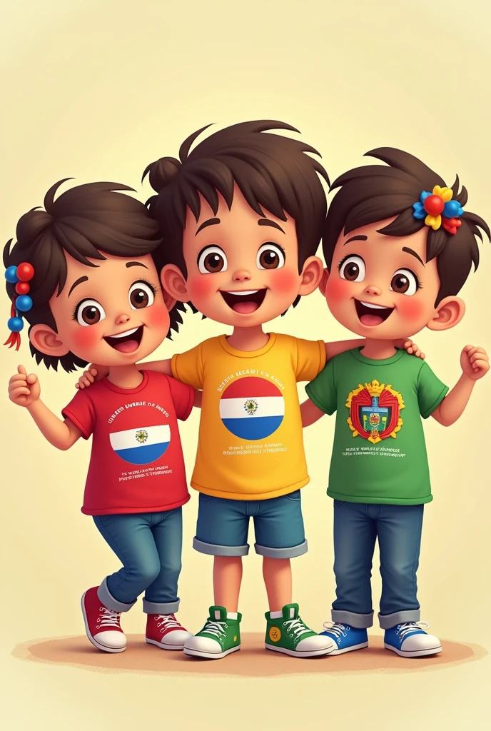 CREATE cartoons for preschoolers from 2 to  WITH RED T-SHIRT,   WITH YELLOW T-SHIRT WITH GREEN T-SHIRT with the motto"Little hearts, great patriots in training." with cockades in the form of a ribbon of the Paraguayan flag in color, red, White and blue.
