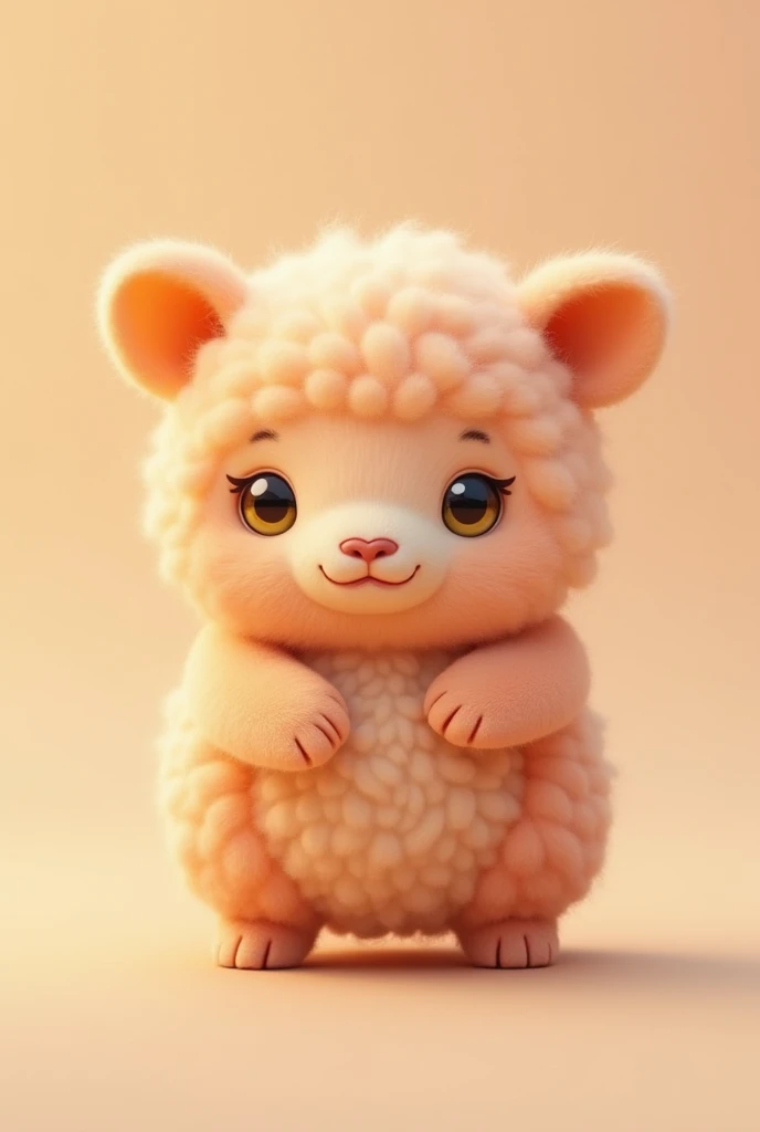 Photo of a furry creature that looks like a Huggy Waggy, peach colored wool, yellow round eyes, small toothy mouth, nose like two slits