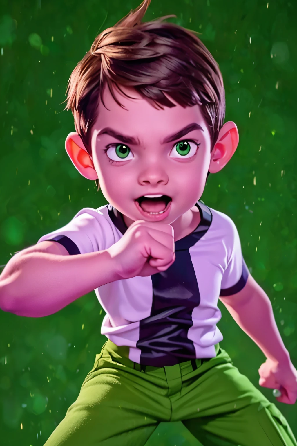 Movie poster, Ben 10 (((, 4yo )))rown eyes, (((wearing a white outfit with black stripe in the center, green pants))) , showing fist. (Omnitrix on arm)) . (Action facial expression ) . highy detailed, face detailed, realisitic, cinematic lighting, studio quality, proffesional, face detailed, intrikate, bright coloured. ((abstract lighting background)).