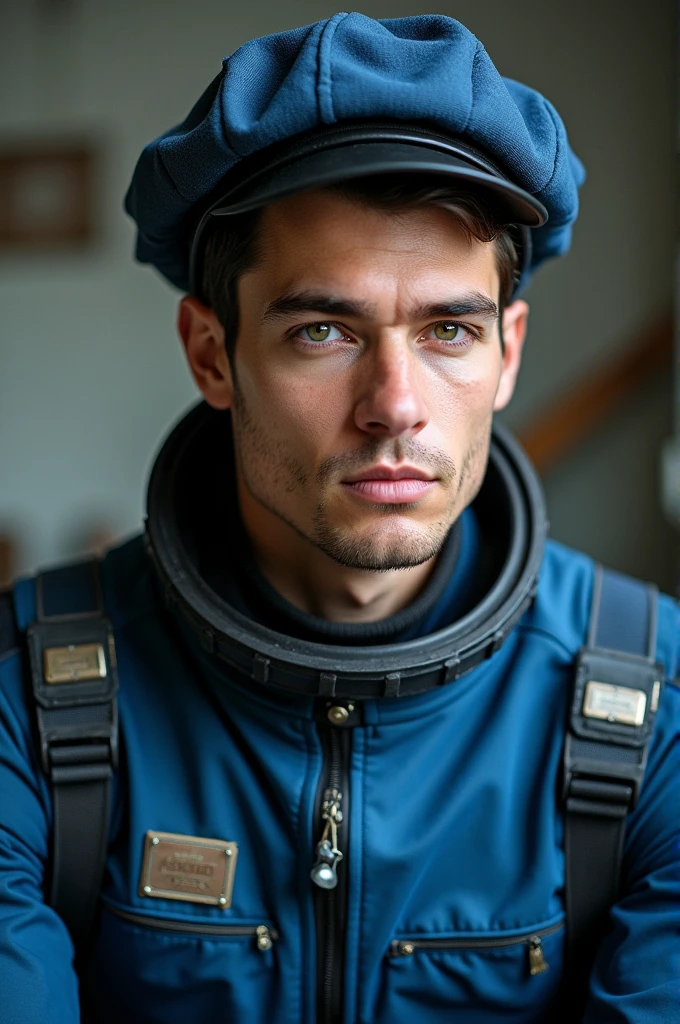 ((man)), ((indifferent look)), ((black hair)), ((green eyes)), (attractive), ((young)), (blue space marine suit), (perfect face), ((with typical marine cap))