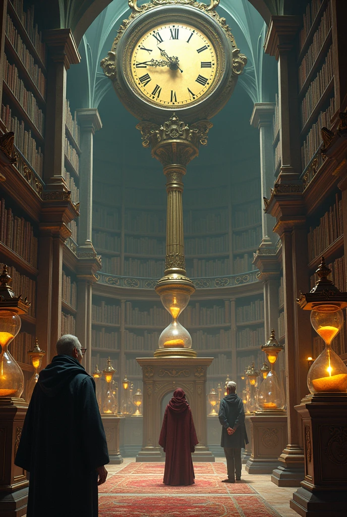 a library of time with clocks and hourglasses