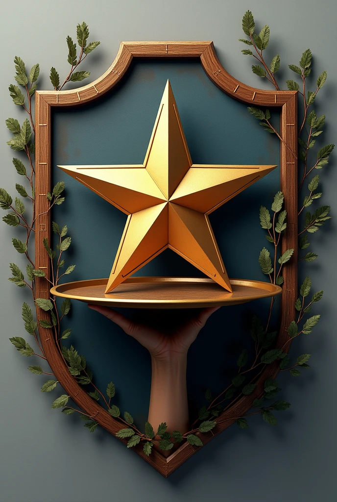 Shield with a military hand holding an open waiter's tray with a floating army star, like discreet oak branches, PICTURE REALISTIC