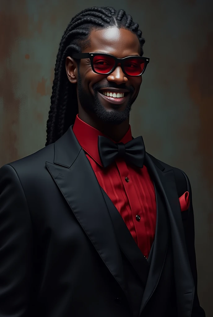 tall black man. Standing at 1 meter 90 cm tall with curly hair in braids and wearing a black suit with red details on the suit, a seductive smile with vampire fangs showing, he is wearing black glasses with red lenses.