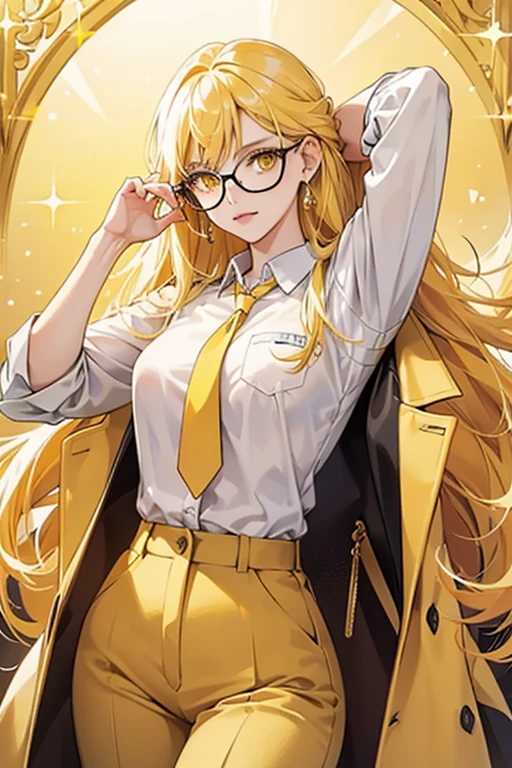 sHe has long yellow hair and yellow eyes while wearing glasses.
sHe wears white formal polo shirt with a yellow tie, yellow coat, brown pants, SPARKLE; GLITTER