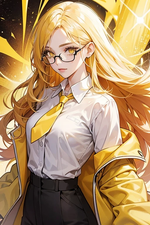 sHe has long yellow hair and yellow eyes while wearing glasses.
sHe wears white formal polo shirt with a yellow tie, yellow coat, brown pants, SPARKLE; GLITTER