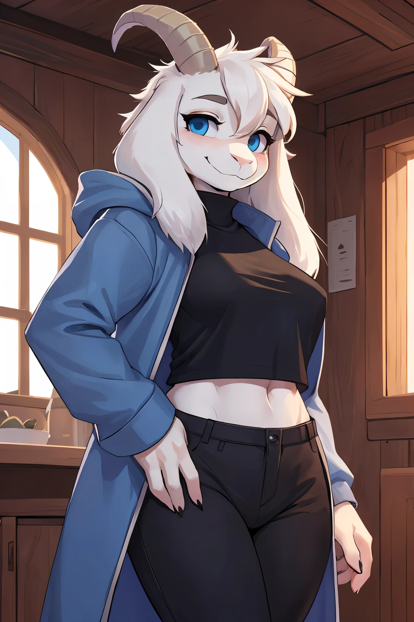 woman,  adult, alone, in a house, hairy, goat, anthropomorphic goat, Asriel, Undertale (Asriel Dreemurr), medium large breasts, big ass, medium hips, perfect body, petite (5'1" tall), ( long hair, long white hair), long hair, blue eyes, anthropomorphic face, cartoon, smile, eskimo coat (blue coat, no drawing, eskimo coat), metacarpal paw, black blouse ((black shirt, black pants) ), goat's tail, short horns, white horns ((drooping ears, big ears)), looking at the viewer, goat's paw, anthropomorphic paw, sensual pose, detailed, best quality, best detail, details and quality.