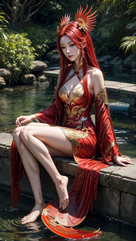 garden,Small bridge and flowing water,red phoenix woman,Flowing long red hair,Eichhornia,Present beauty,Elegant,Large Breasts,Present beauty的身材,Wearing a red phoenix costume,Sitting on the board,Solo Phoenix Guzheng.High resolution, masterpiece, best quality, high detail, Ultra high quality,