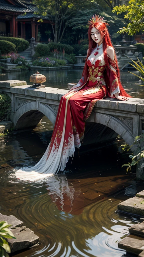 garden,Small bridge and flowing water,red phoenix woman,Flowing long red hair,Eichhornia,Present beauty,Elegant,Large Breasts,Present beauty的身材,Wearing a red phoenix costume,Sitting on the board,Solo Phoenix Guzheng.High resolution, masterpiece, best quality, high detail, Ultra high quality, 