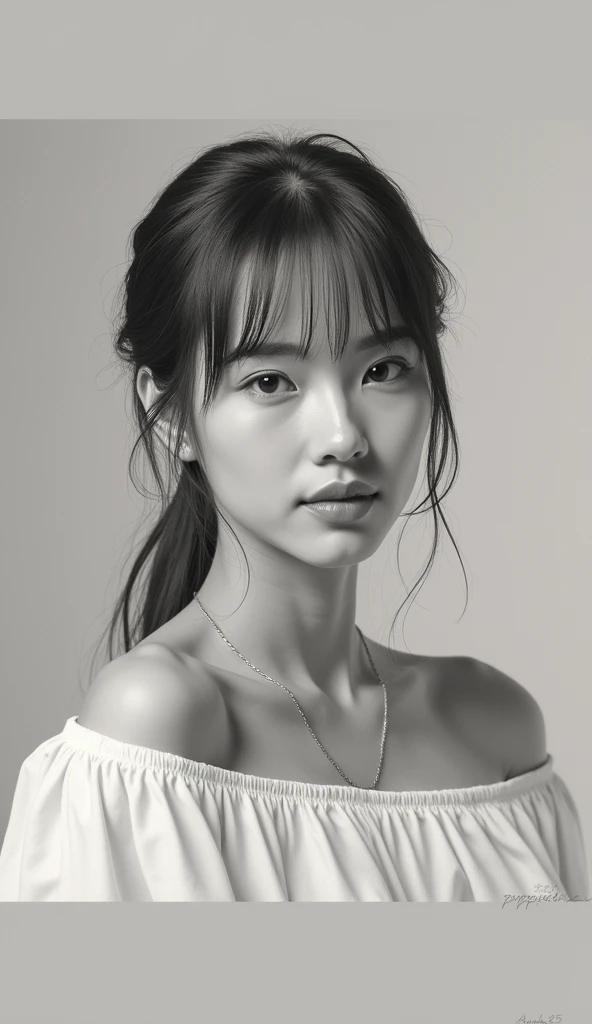 Photorealistic pencil sketch of a woman with delicate features, neutral expression, dan tatanan rambut longgar yang elegan panjang lurus bangs. She is wearing a white off-shoulder shirt and is facing slightly to the side but looking directly at the viewer.. The background is minimalist and soft, focus on the woman's face and expression. The lighting is soft, highlighting the smoothness and softness of the skin. Gaya keseluruhannya monokrom. The artist's stylish little signature 'PUPUNK85' is on the right., fashion