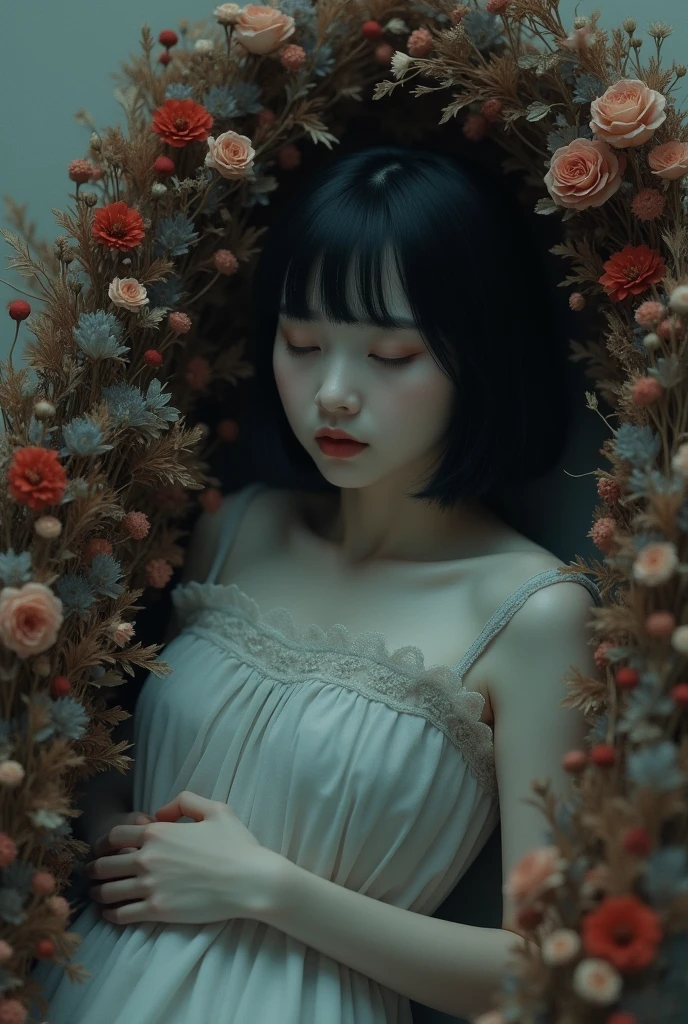 Depressed girl、Japanese、Black Hair、Bobcut、Lying in a coffin made of dried flowers、Real、Finish like a photo