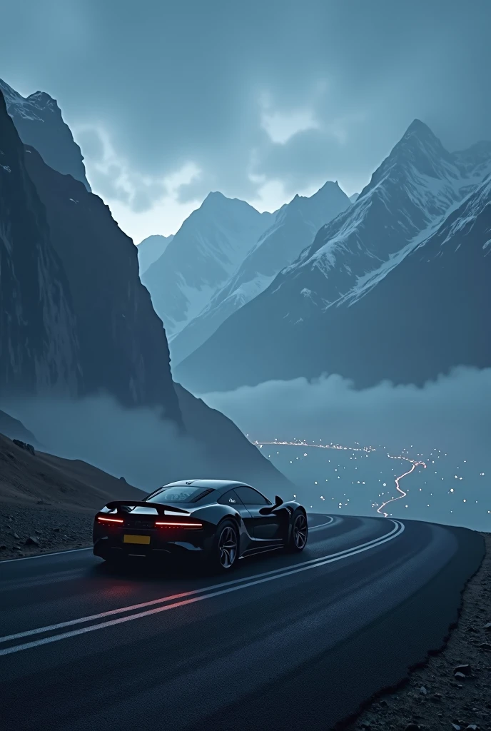 A deserted, mountainous night with fog, a Supra car and a distant city 
