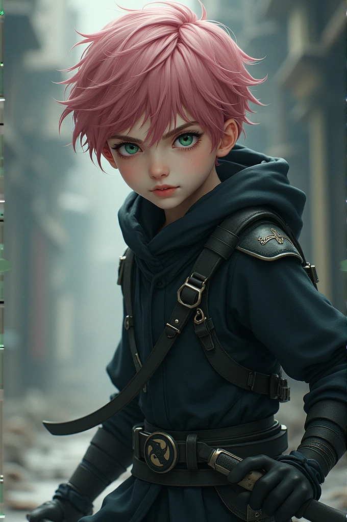 Create a boy with somewhat dark pink hair, dull green eyes, white skin, and wears ninja clothes