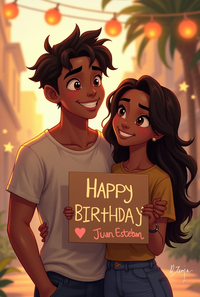 Young man of  with dark brown hair, reddish brown eyes, Brown skin color, A slightly muscular body called Juan Esteban is happy because his friend Danna, a 1 woman with long dark brown hair and dark brown eyes and dark skin, is celebrating his happy birthday on a sign she is holding that says " Happy birthday Juan Esteban Gutierrez Ortiz ⁠♡" 