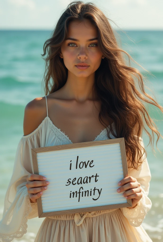 Beautiful girl with wavy long hair, bohemian dress, holding a white board with text "I Love Seaart Infinity" and showing it to the viewer