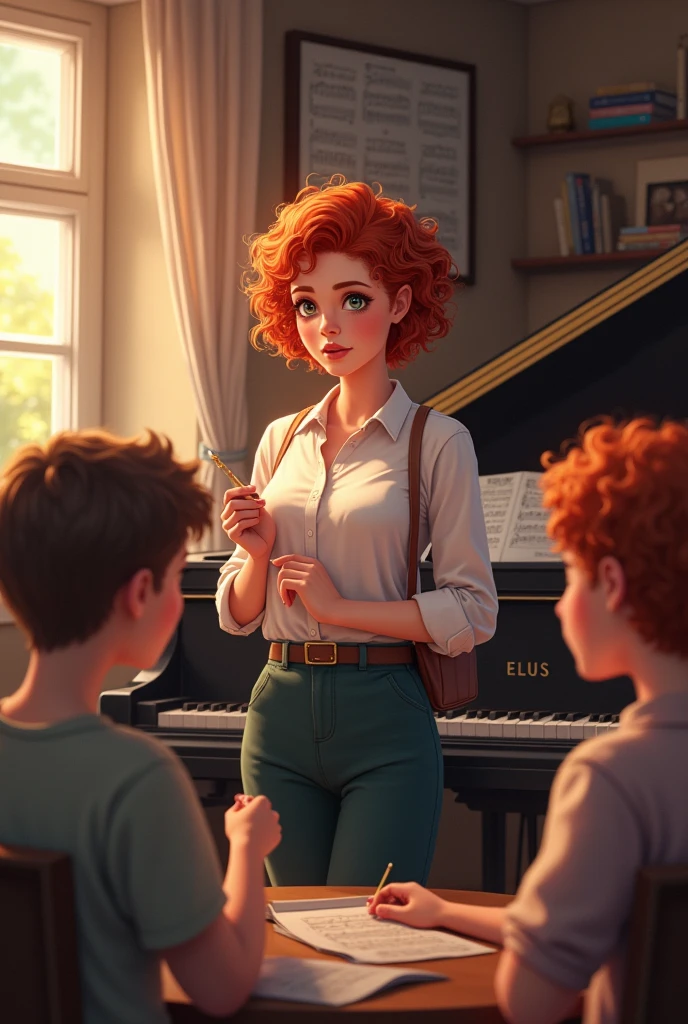 Singing lessons with a 2 teacher, She is a redhead with short hair, Her hair is curly , She is with her students, a and a and another girl, There is a piano and they are vocalizing.