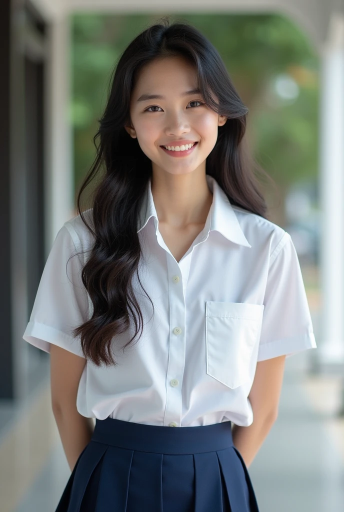 1 beautiful female student, a 1 Thai female student, wearing a high school uniform, standing for a photo, smiling beautifully.