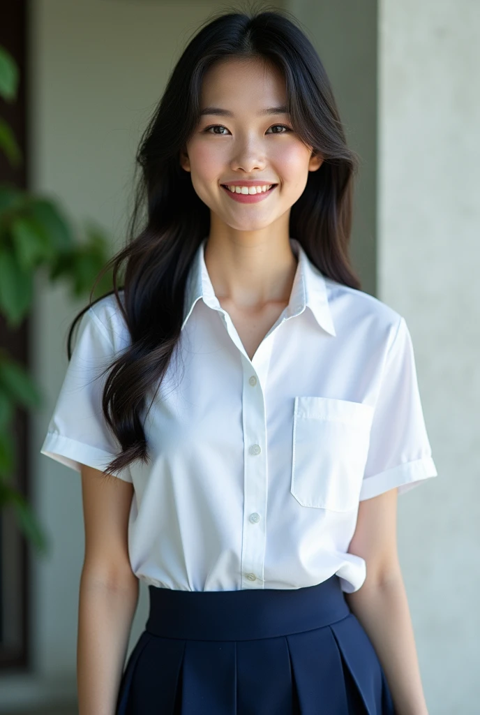 1 beautiful female student, a 1 Thai female student, wearing a high school uniform, standing for a photo, smiling beautifully.