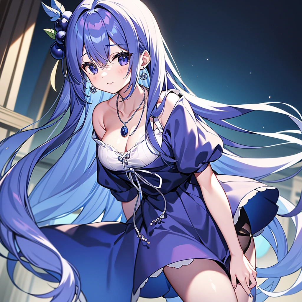 blueberry girl, long hair, student, necklace, earrings, hair ornament