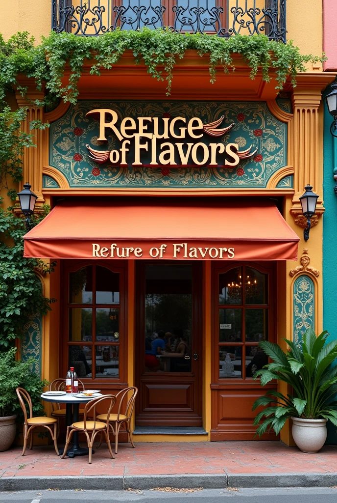 Facade of a restaurant with the name " Refuge of Flavors" with another Brazilian vibe