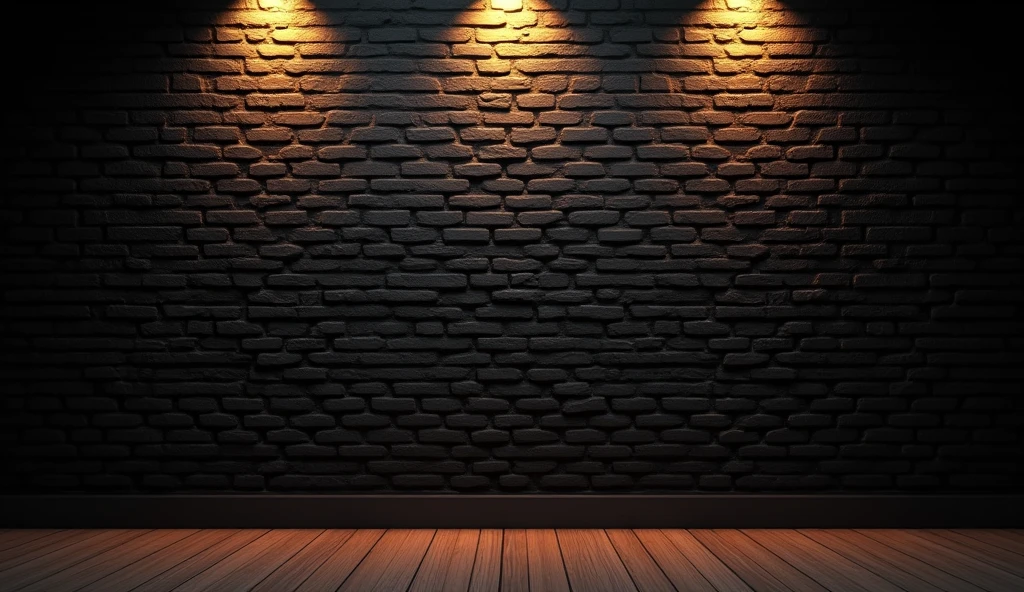 a black brick wall with warm ambient lighting and wooden floor