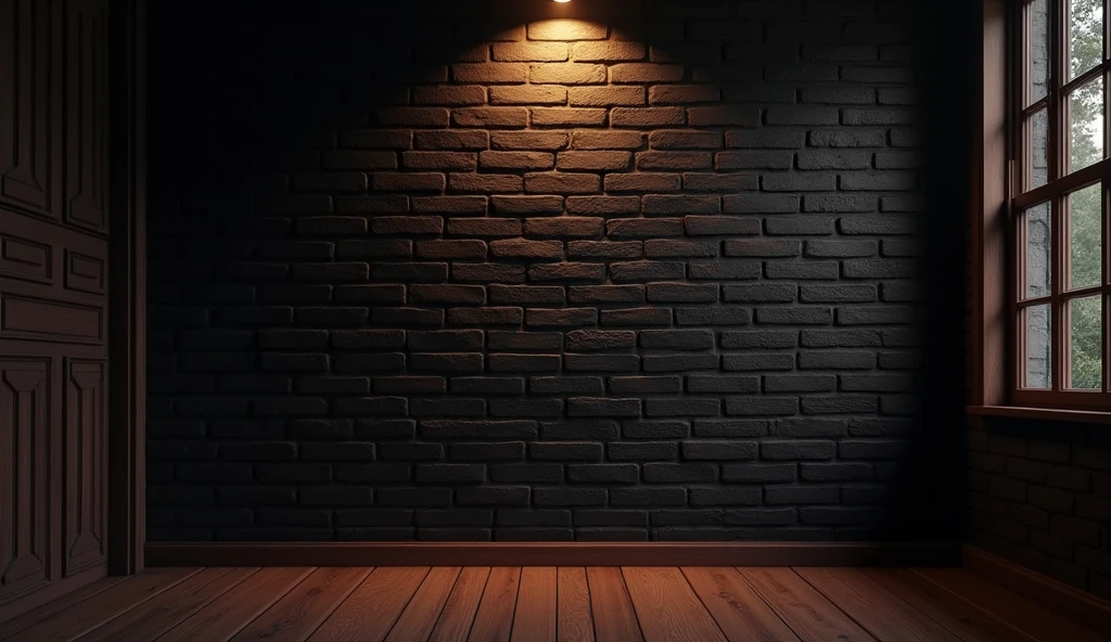 a black brick wall with warm ambient lighting and wooden floor