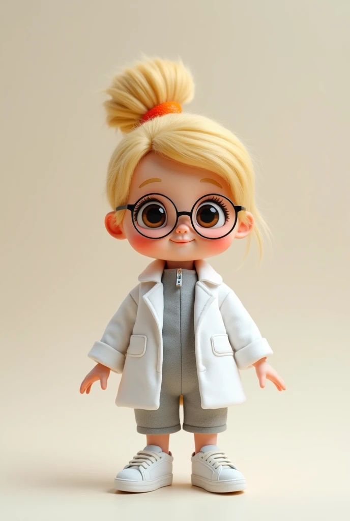 A  blonde doll with her hair tied up, in a high ponytail. wearing a doctor&#39;s coat, wear glasses, Wear white sneakers, has brown eyes. 