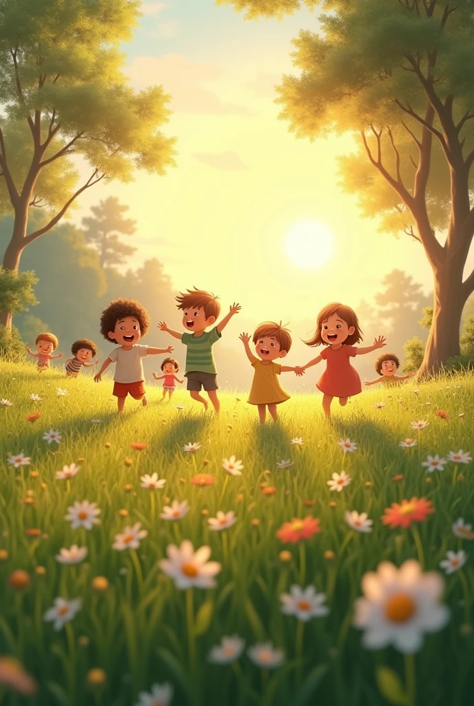 Children playing happily and also many happy young people in a field at dawn