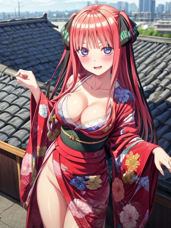 best quality, insanely detailed, nino nakano, breasts, blush, looking at viewer, cheerful eyes, arousal, kimono, highleg kimono, tight kimono, pussy, roof top background, lingerie