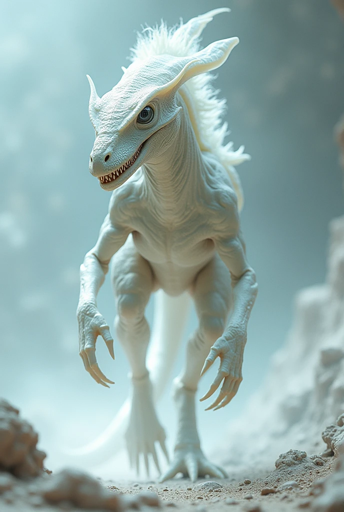 Create a white alien that looks like a velociraptor