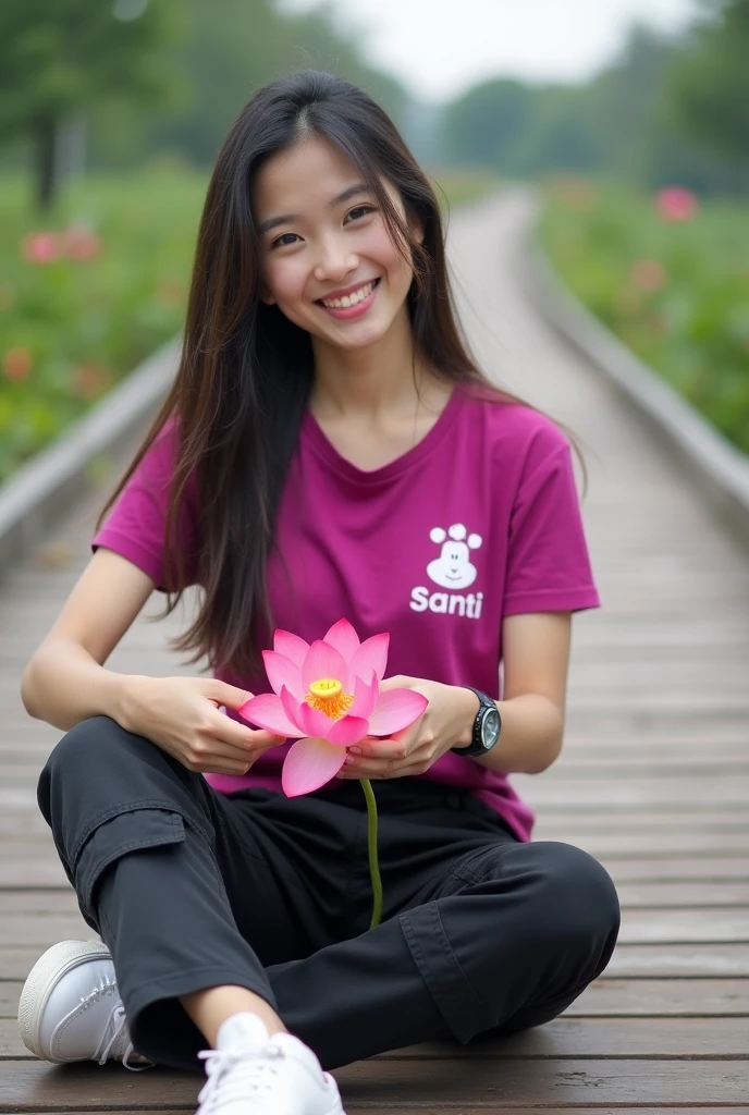 beautiful indonesian girl , berkulit white mulus, wajah rambut hitam sangul ala Korea, ,kemeja white kotak-kotak hitam )fuchsia t-shirt with Santi logo, black cargo pants, cool watch,
sepatu white, pose staring,smile,sitting while holding a red lotus flower,, in the middle of the bridge looks very long..,left right bridge lake very beautiful, there are red lotus flowers. Pink,,white, decorate the pool, The background is visible from a distance, the traditional cafes lined up on the edge of the lake are truly amazing.. Original photo ,Realistic