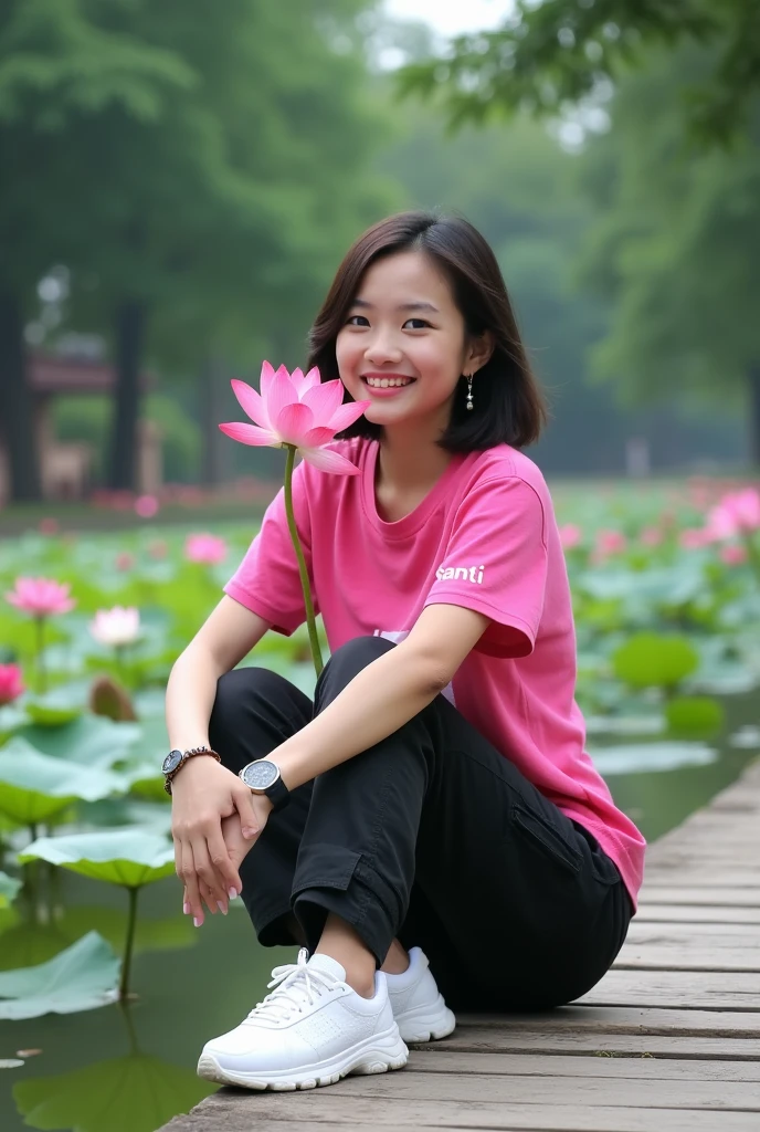 beautiful indonesian girl , berkulit white mulus, wajah rambut hitam sangul ala Korea, ,kemeja white kotak-kotak hitam )fuchsia t-shirt with Santi logo, black cargo pants, cool watch,
sepatu white, pose staring,smile,sitting while holding a red lotus flower,, in the middle of the bridge looks very long..,left right bridge lake very beautiful, there are red lotus flowers. Pink,,white, decorate the pool, The background is visible from a distance, the traditional cafes lined up on the edge of the lake are truly amazing.. Original photo ,Realistic