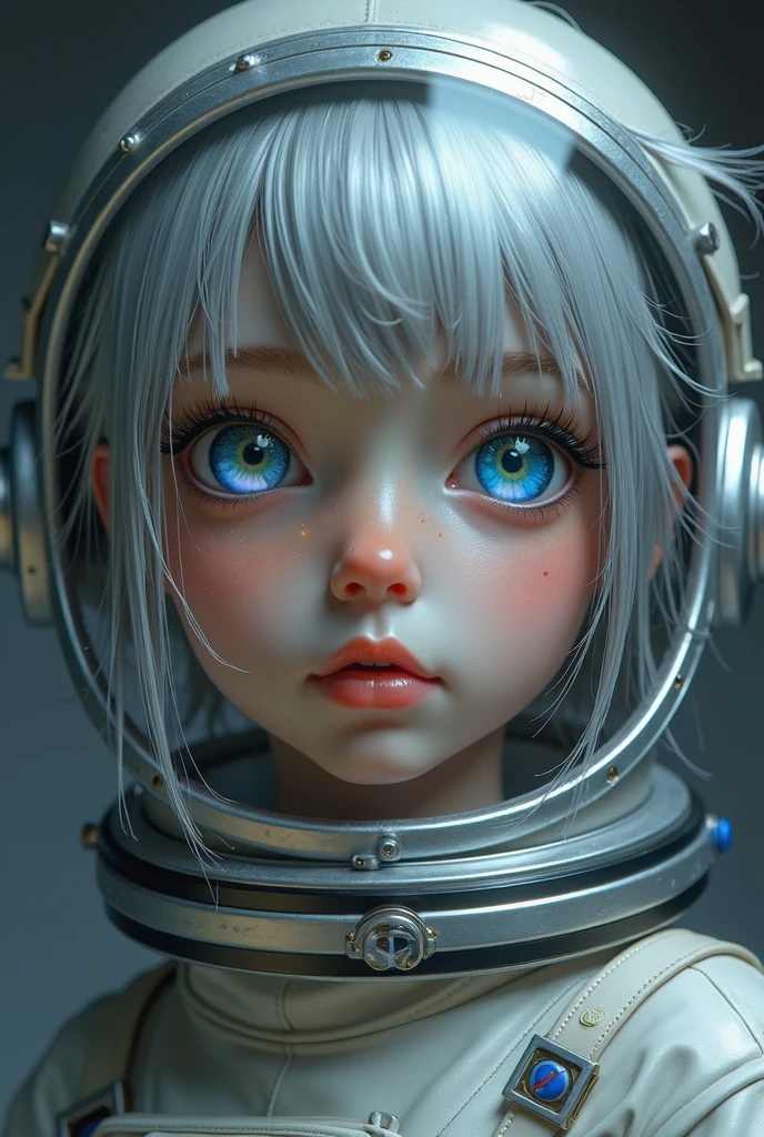 (Get a closer look at more masterpieces:1.5)0.9], Small Eyes，The eyes are particularly small，(Space and astronauts:1.2) (Messy silver hair:1.1) (Heterochromia xanthochromia and blue eyes:1.2) (Space Helmet:1.0) (Colored stars in the eyes:1.0) (shining:1.1) (thick lips:0.9)