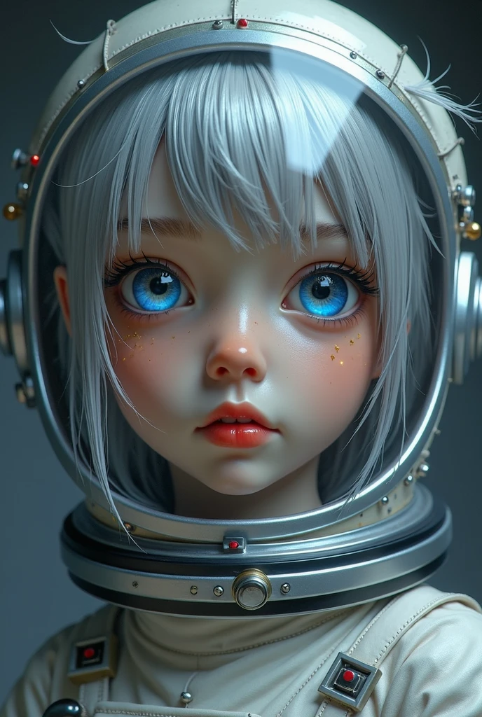 (Get a closer look at more masterpieces:1.5)0.9], Small Eyes，The eyes are particularly small，(Space and astronauts:1.2) (Messy silver hair:1.1) (Heterochromia xanthochromia and blue eyes:1.2) (Space Helmet:1.0) (Colored stars in the eyes:1.0) (shining:1.1) (thick lips:0.9)