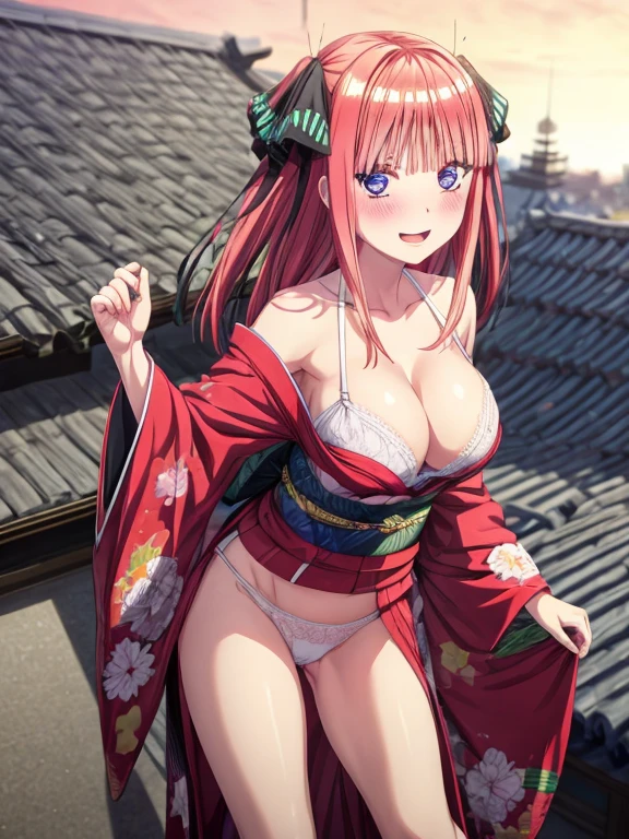 best quality, insanely detailed, nino nakano, breasts, blush, looking at viewer, cheerful eyes, arousal, kimono, highleg kimono, tight kimono, pussy, roof top background, lingerie
