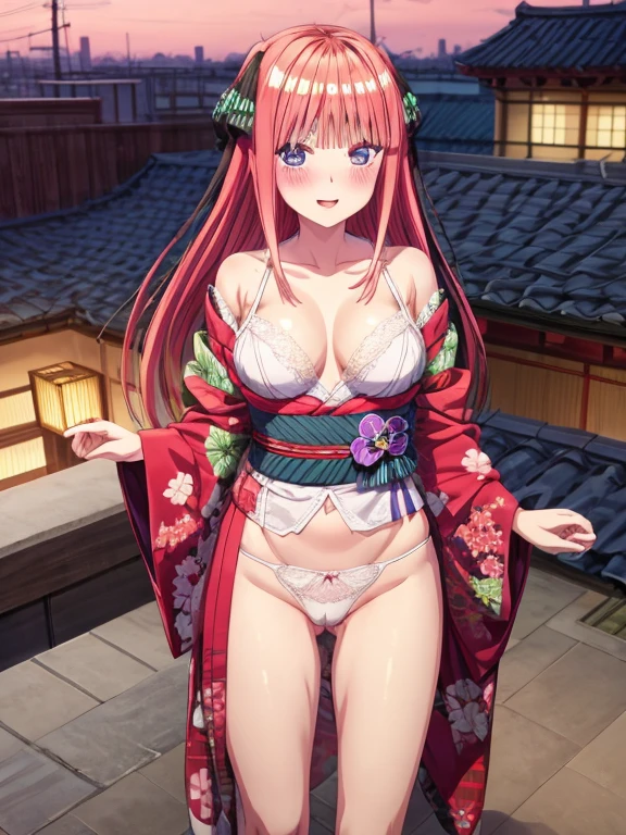 best quality, insanely detailed, nino nakano, breasts, blush, looking at viewer, cheerful eyes, arousal, kimono, highleg kimono, tight kimono, pussy, roof top background, lingerie