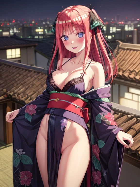 best quality, insanely detailed, nino nakano, breasts, blush, looking at viewer, cheerful eyes, arousal, kimono, highleg kimono, tight kimono, pussy, roof top background, lingerie