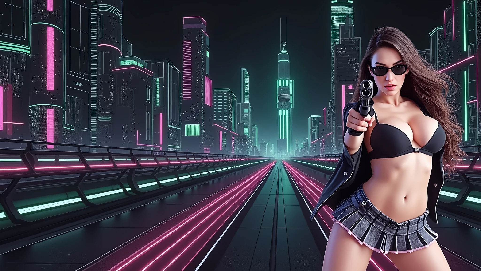 Matrix inspired futuristic cityscapes with colorful all-glass outlined towering skyscrapers with lightning, flying vehicle. High-resolution OLED GUI interfaces in the building, The windows are filled with transparent data visualization infographics that show it all, very close-up green glowing cascading code. Colors are saturated and vibrant. At night, (1 female assassin crouching on a skateboard, solo, alone), photorealistic, large-breast slim:0.6 body, oval:0.5 face, black mini bra, cleavage:1.1, deep-v, very low angle view of black pleated miniskirt, white panty, (upskirt), glove, (Matrix style black micro sunglasses), (aiming viewer with a short gun), dynamic skateboard jumping pose, (full-body thigh level close-up:2.0 shot), cinematic lighting, ray tracing, motion blur background.