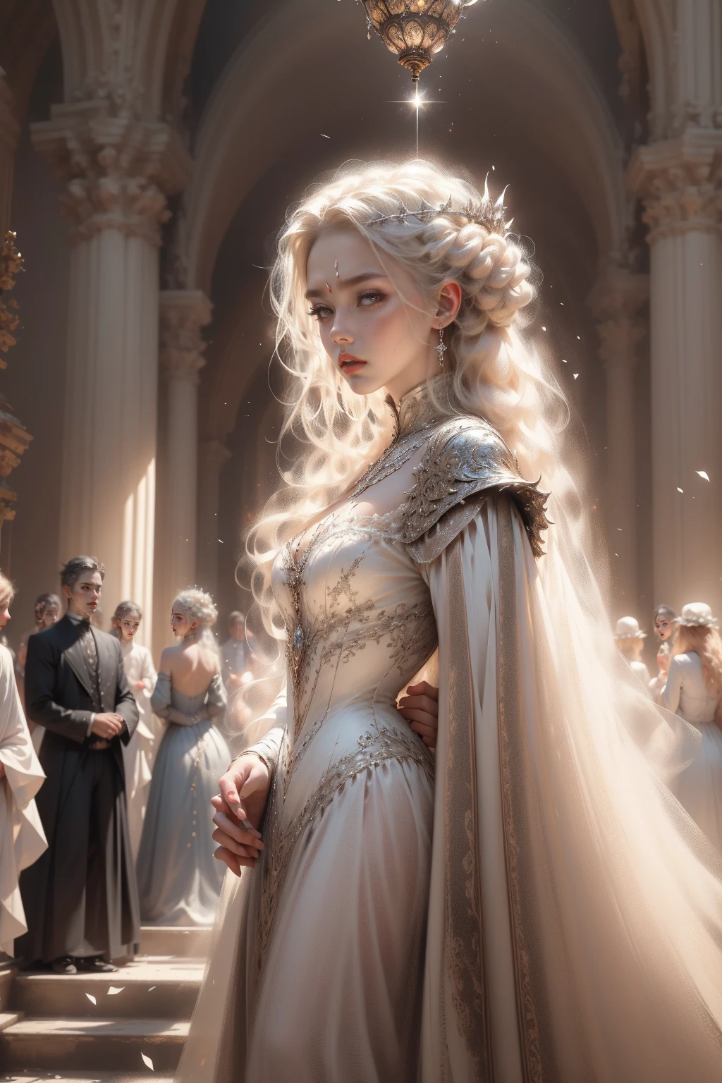 (Masterpiece - Ultra-detailed, very high resolution) Prepare to be enchanted by a true masterpiece that combines ultra-detailed art with high-resolution rendering. This work depicts a mesmerizing woman with very long blond hair (1.3) and captivating light blue eyes (1.2), emanating an aura of elegance and mystery in Victorian settings. The intricate details and realistic textures invite you to explore every aspect of this enchanting composition. Woman wearing beautiful classic Victorian costume from the year 1878. Red lips. Happy face. Smiling. (white dress:1.2). Dancing lightly, upper body, dynamic poses. Get ready to dive into a world where beauty and craftsmanship merge perfectly.