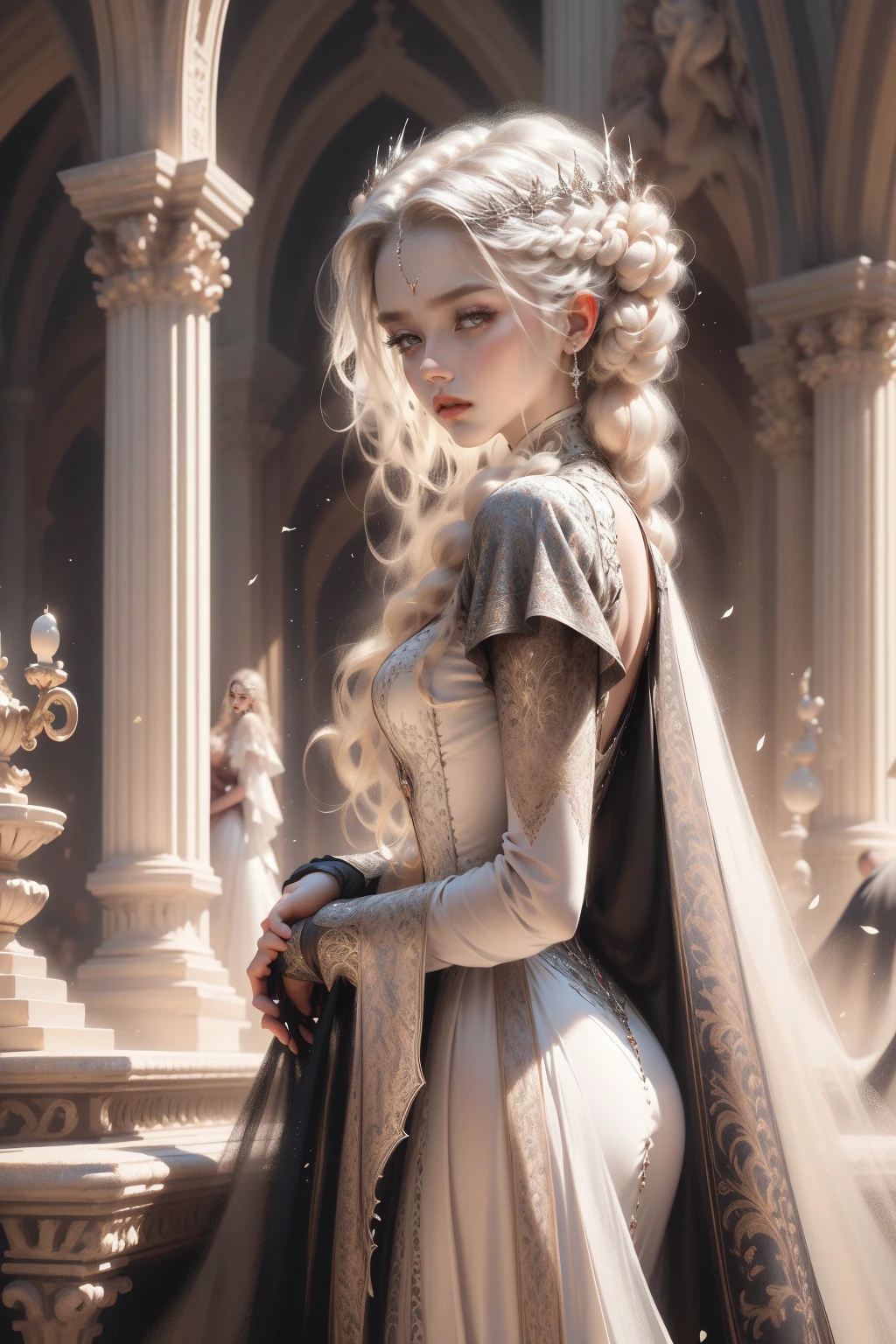 (Masterpiece - Ultra-detailed, very high resolution) Prepare to be enchanted by a true masterpiece that combines ultra-detailed art with high-resolution rendering. This work depicts a mesmerizing woman with very long blond hair (1.3) and captivating light blue eyes (1.2), emanating an aura of elegance and mystery in Victorian settings. The intricate details and realistic textures invite you to explore every aspect of this enchanting composition. Woman wearing beautiful classic Victorian costume from the year 1878. Red lips. Happy face. Smiling. (white dress:1.2). Dancing lightly, upper body, dynamic poses. Get ready to dive into a world where beauty and craftsmanship merge perfectly.