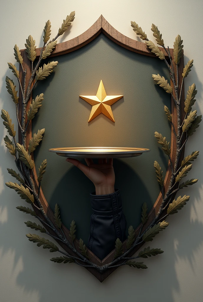 Shield with a military hand holding an open waiter's tray with a floating army star, like oak branches, PICTURE REALISTIC