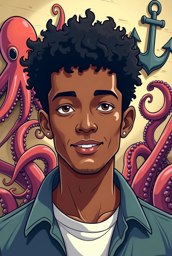 4 man , dark complexion short black curly hair, and brown eyes, In the background there is an octopus next to him and on the wall there is an anchor hanging , cartoon style, highly detailed facial features, Coloring Book Art, no background, ready to be colored