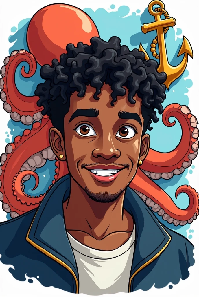 4 man , dark complexion short black curly hair, and brown eyes, In the background there is an octopus next to him and on the wall there is an anchor hanging , cartoon style, highly detailed facial features, Coloring Book Art, no background, ready to be colored