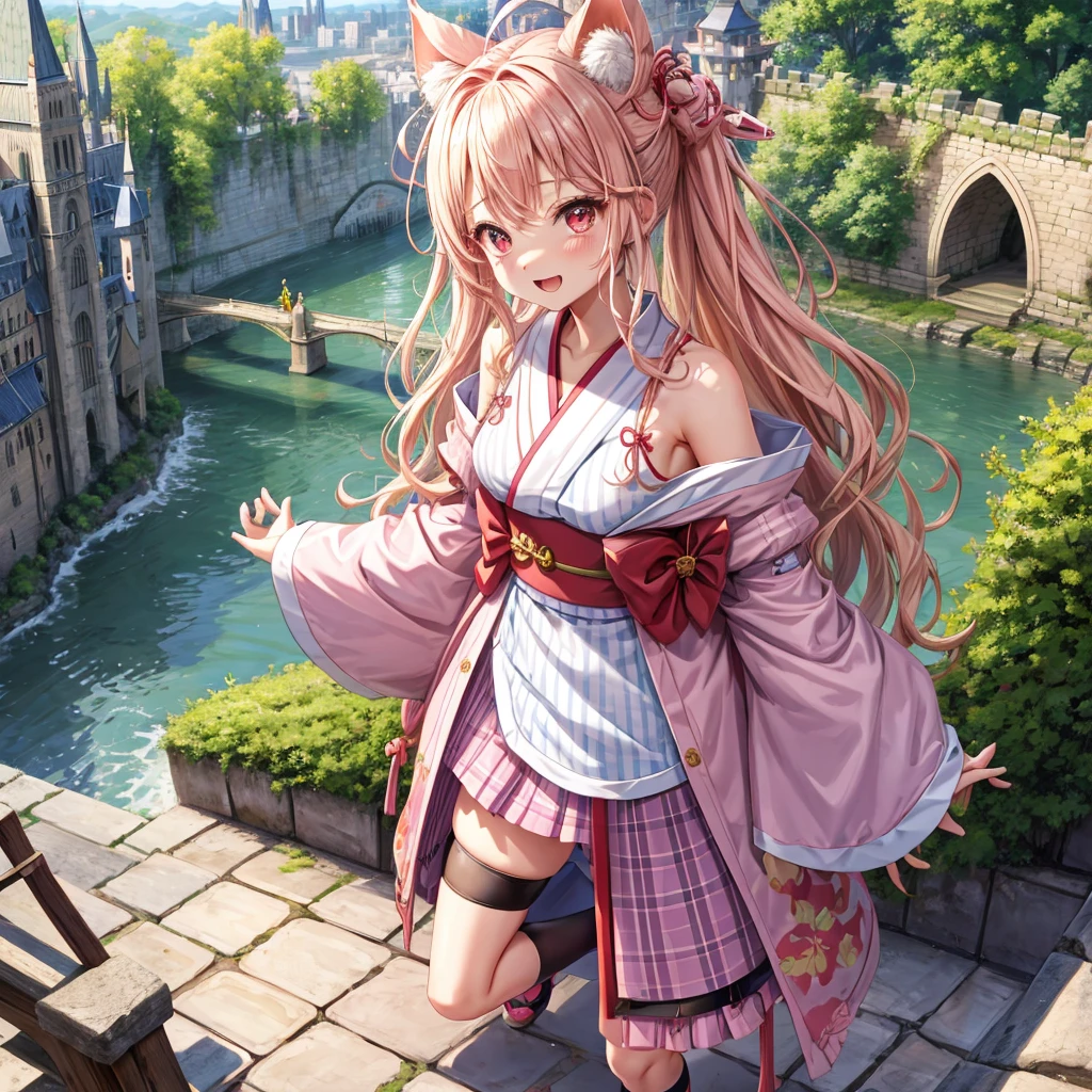 Pink Blonde、Red eyes、Wavy Hair、Hair tied up、Two cute、Checked mini skirt、kimono、Light clothing、Shoulders stick out、Knee-high socks、Teeth are visible、Monster Castle、Tilting face、grass、In front of the city gates、Underground tunnels、Iron suspension bridge、The stone is cracked、Giant wood、There is a step on the ground、it&#39;s raining、Holding a sword、Cobblestones、The light is pouring down、Stone Wall